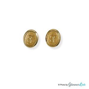 Vintage Letter F Monogram Oval Gold Tone Stud Earrings